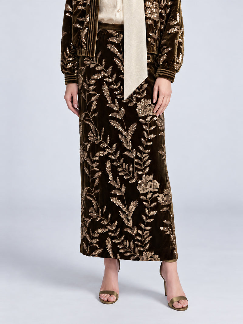 Social Queen Sequin Embroidered Velvet Midi Skirt in brown silk velvet featuring gold-tone sequin leaf embroidery.