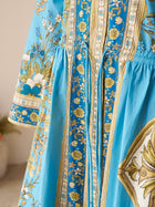 A close-up of Social Queen's Baroque Engineered-Print Cotton Dress in blue, showcasing gold, white, and green floral motifs with striped accents.