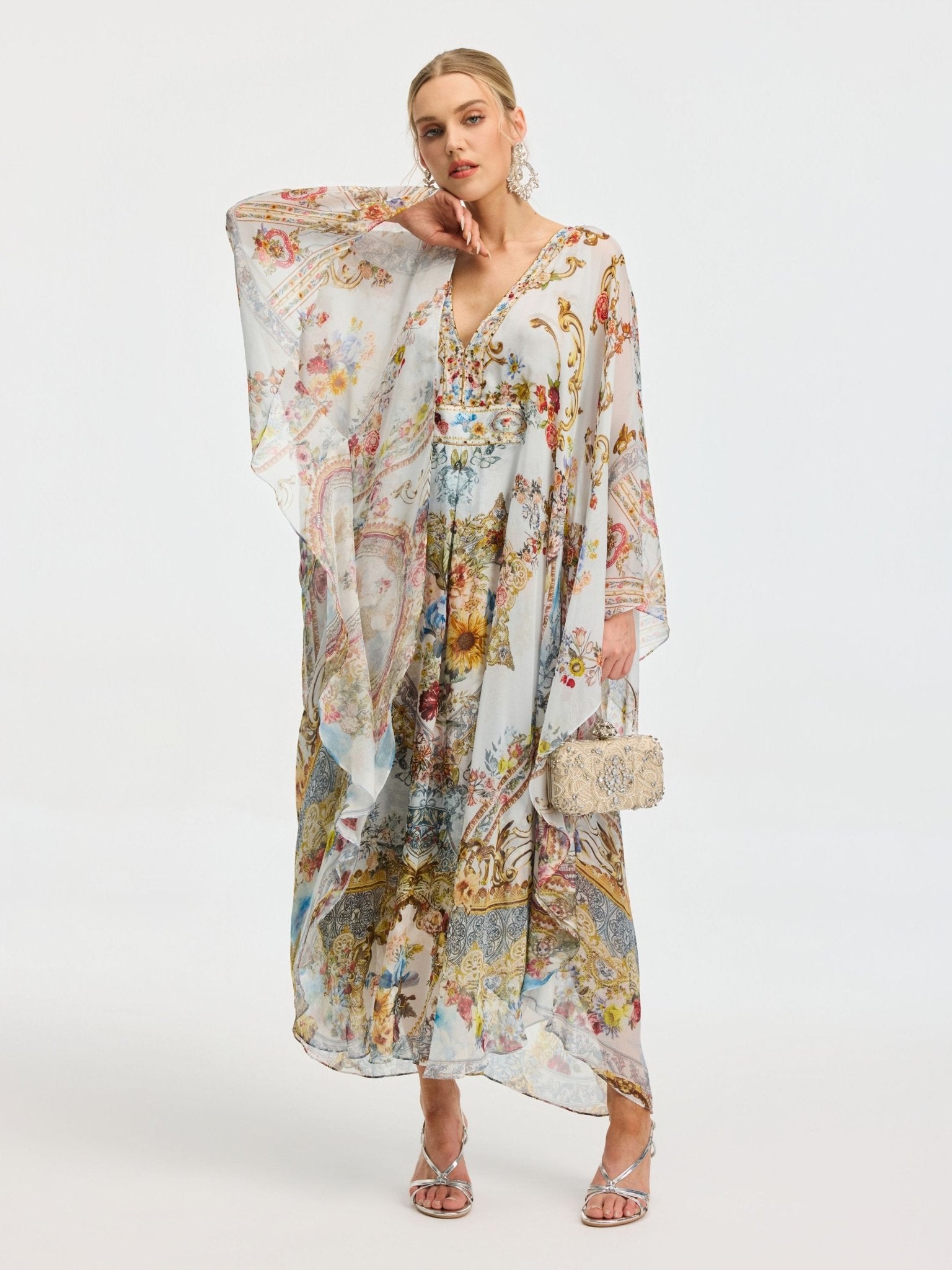 Baroque Floral Print Silk Caftan Dress - Social Queen