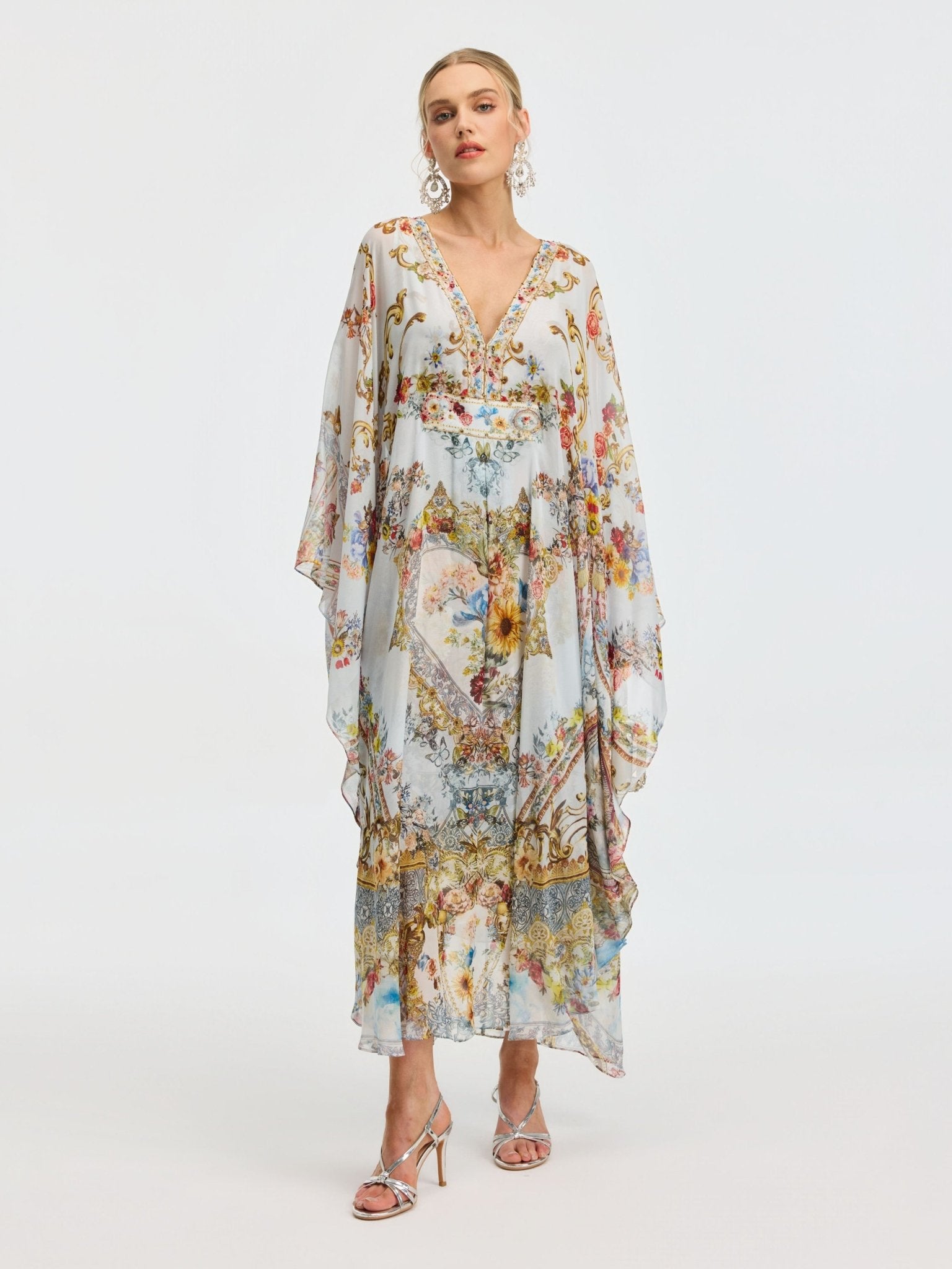 Baroque Floral Print Silk Caftan Dress - Social Queen