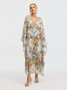 Baroque Floral Print Silk Caftan Dress - Social Queen