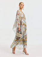 Baroque Floral Print Silk Caftan Dress - Social Queen
