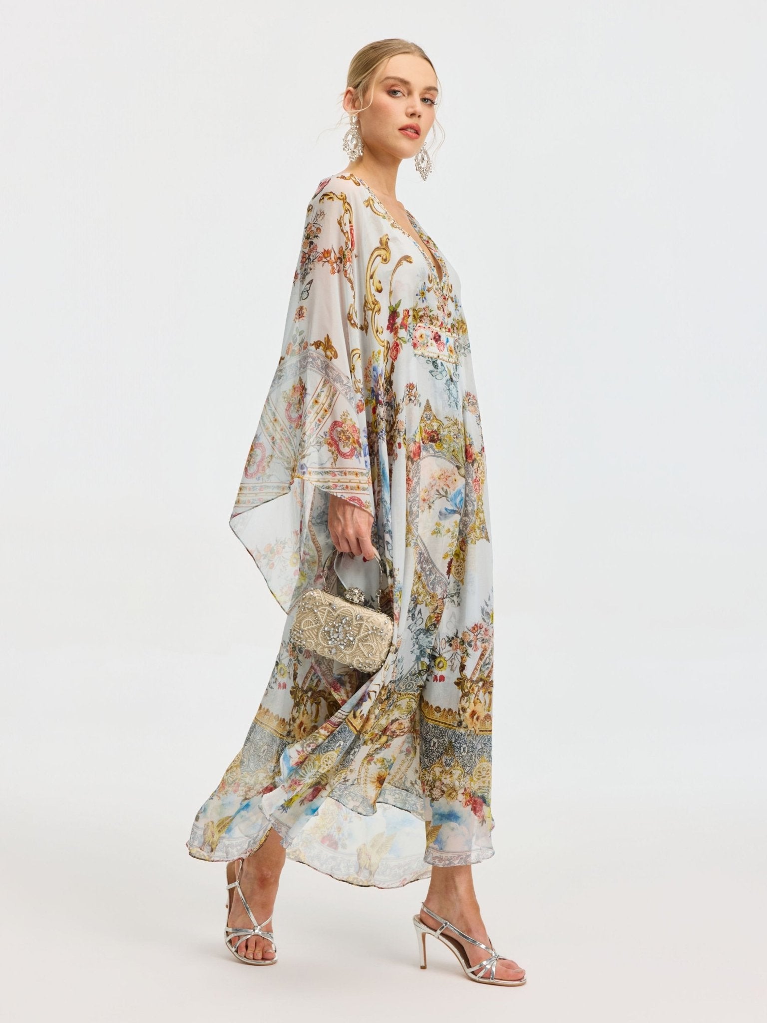 Baroque Floral Print Silk Caftan Dress - Social Queen