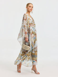 Baroque Floral Print Silk Caftan Dress - Social Queen
