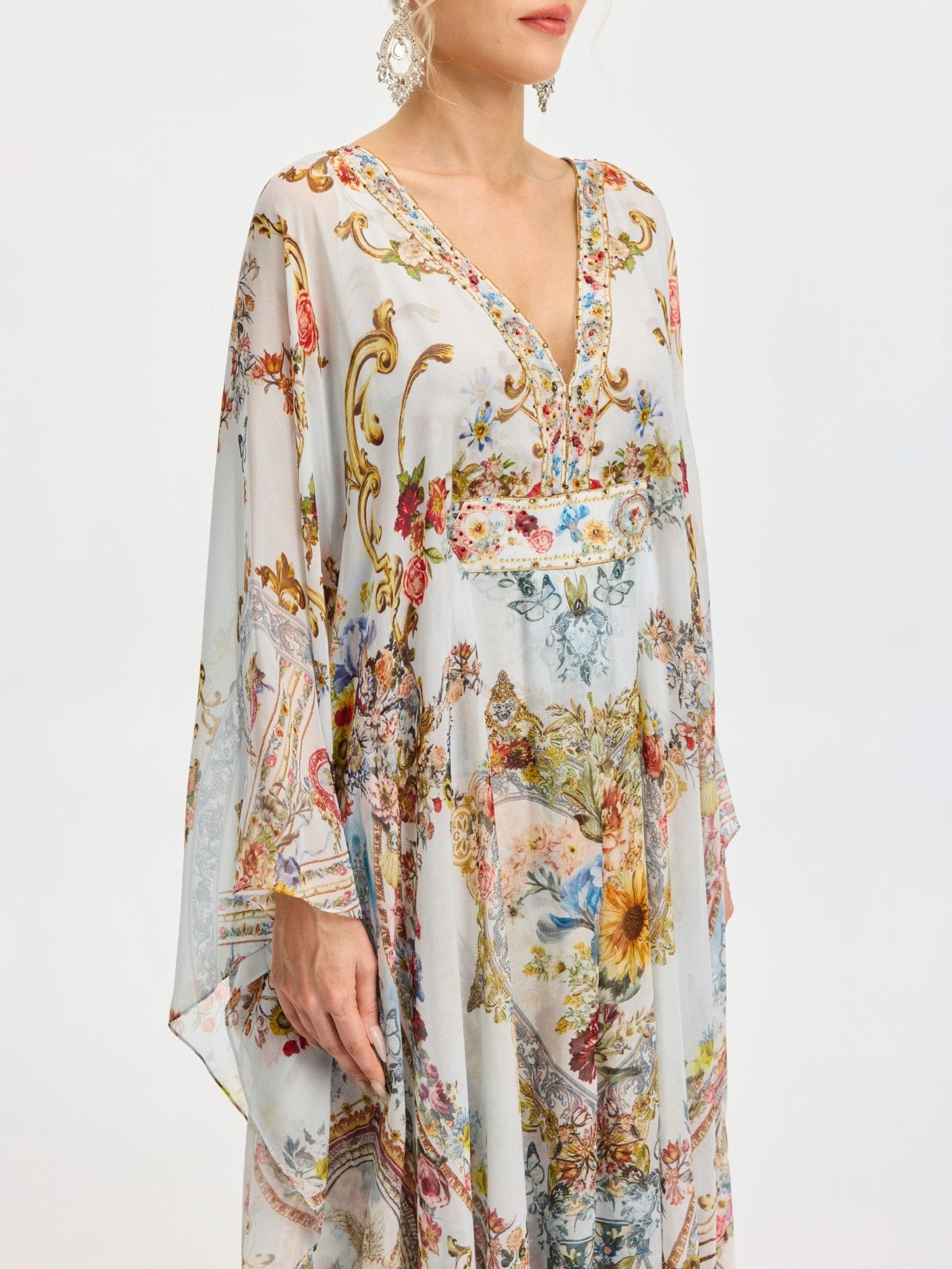 Baroque Floral Print Silk Caftan Dress - Social Queen