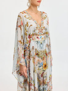 Baroque Floral Print Silk Caftan Dress - Social Queen