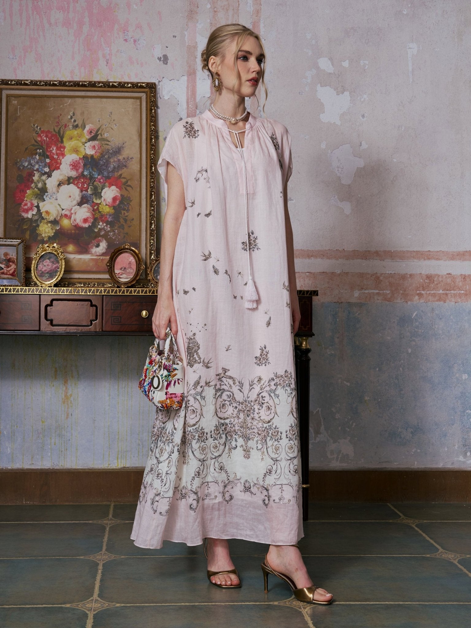 Baroque Garden Print Ramie Dress (Includes Slip Dress) - Social Queen