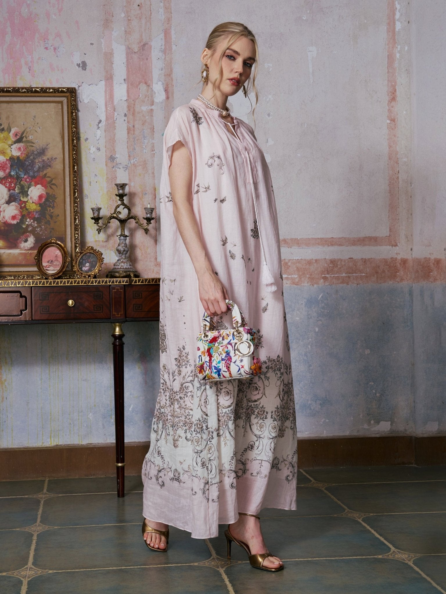 Baroque Garden Print Ramie Dress (Includes Slip Dress) - Social Queen