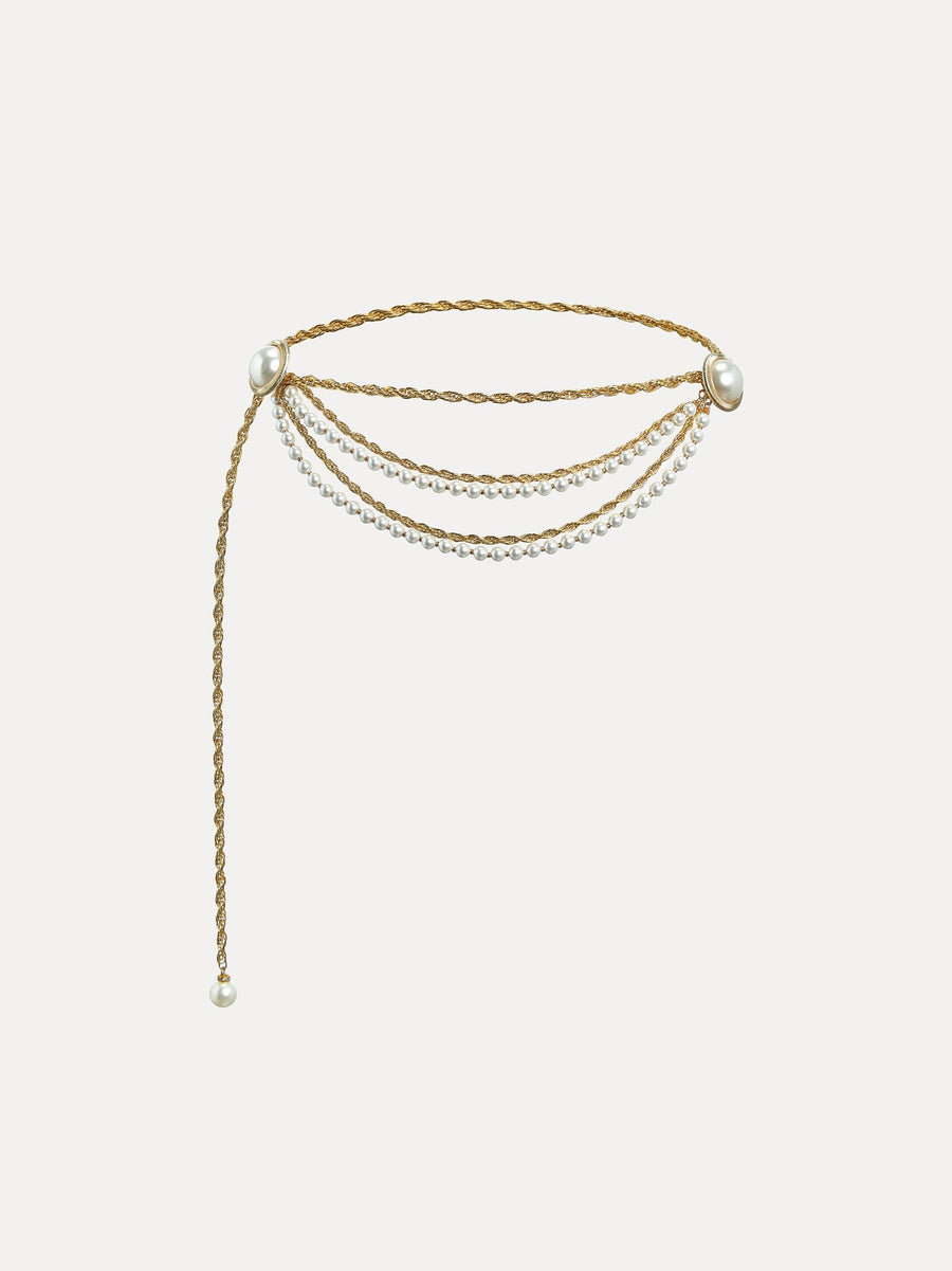 The Social Queen Baroque Pearl Chain Belt showcases a layered gold chain with three draping strands and baroque pearl accents at the ends and side, displayed on a white background.
