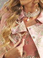 A woman wears the Social Queen Baroque Pearl Layered Necklace, featuring gold-tone crystal accents.
