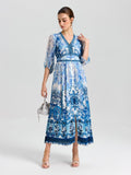 Baroque Placement Print Silk Dress - Social Queen