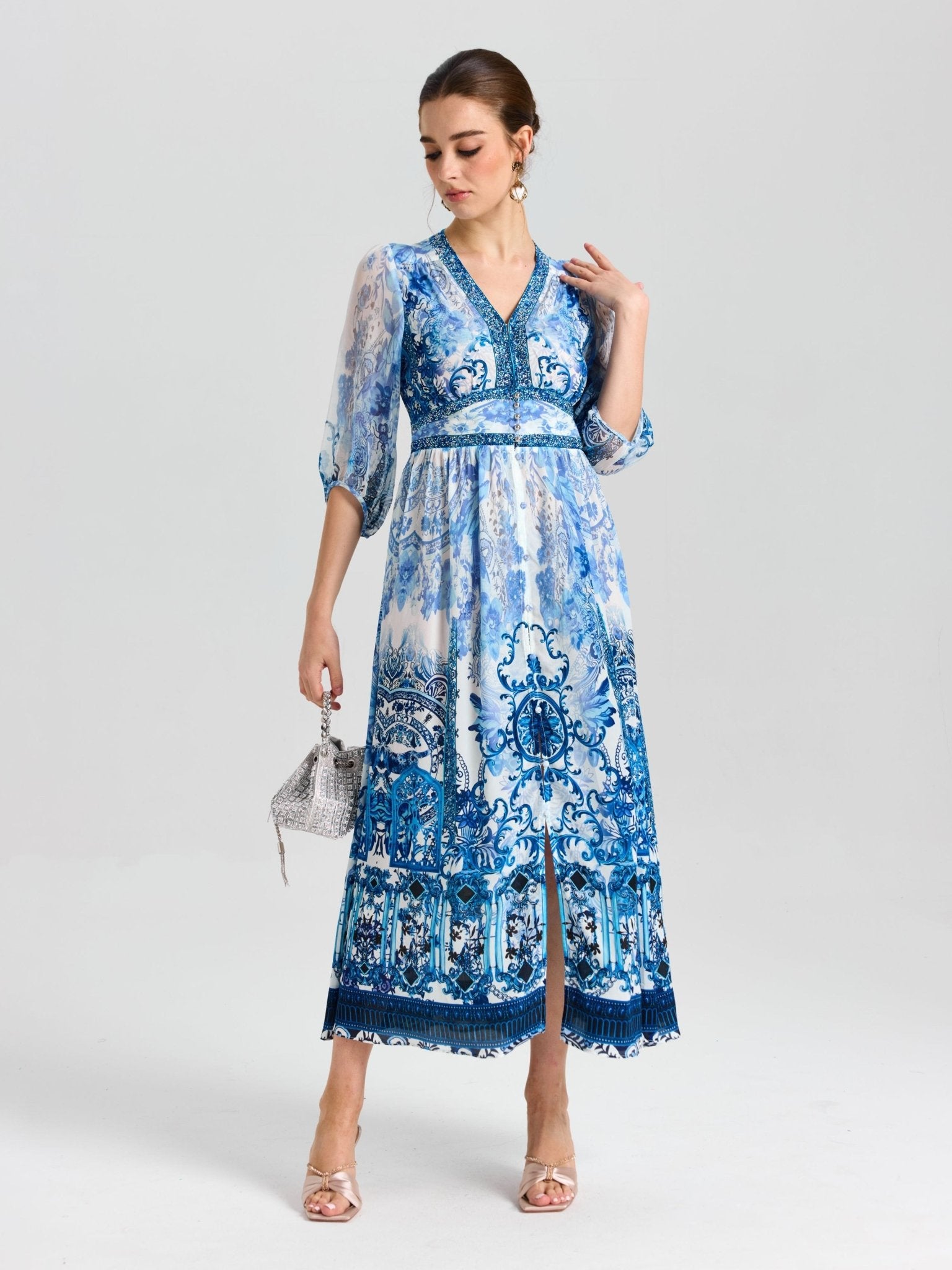 Baroque Placement Print Silk Dress - Social Queen