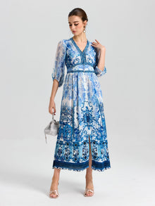 Baroque Placement Print Silk Dress - Social Queen