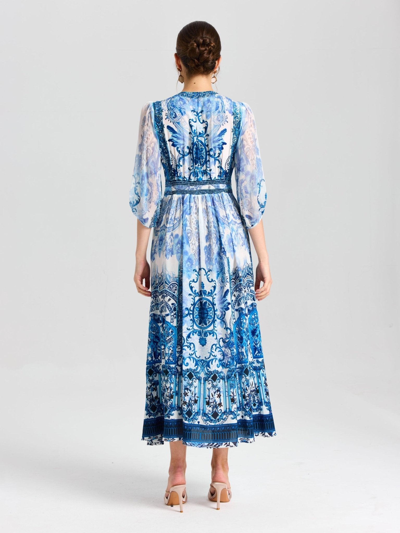 Baroque Placement Print Silk Dress - Social Queen