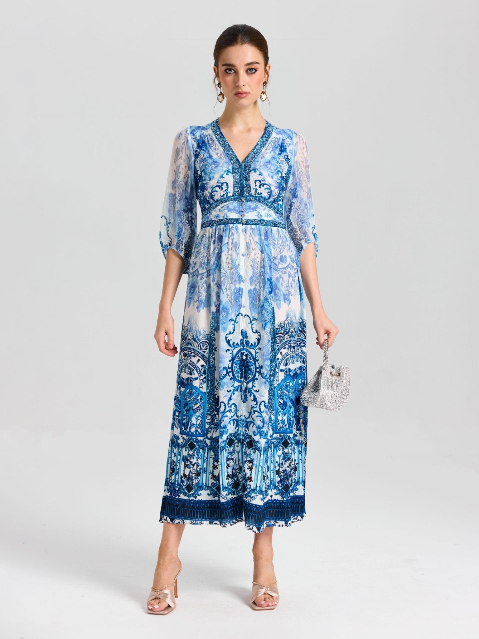 Baroque Placement Print Silk Dress - Social Queen