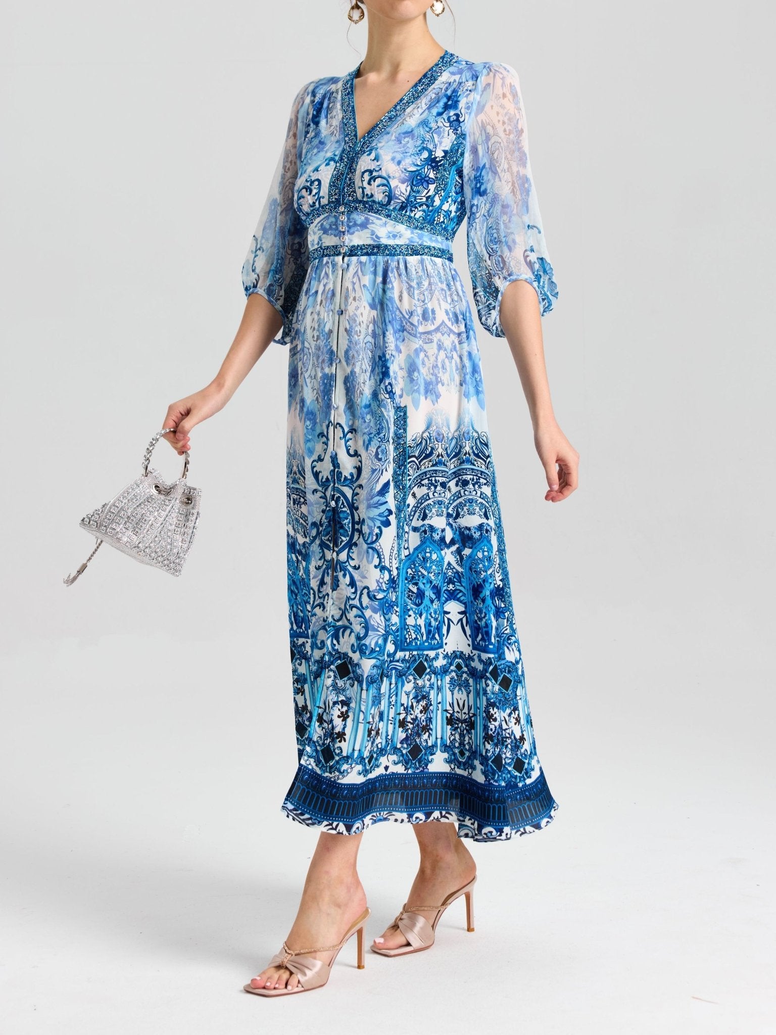 Baroque Placement Print Silk Dress - Social Queen