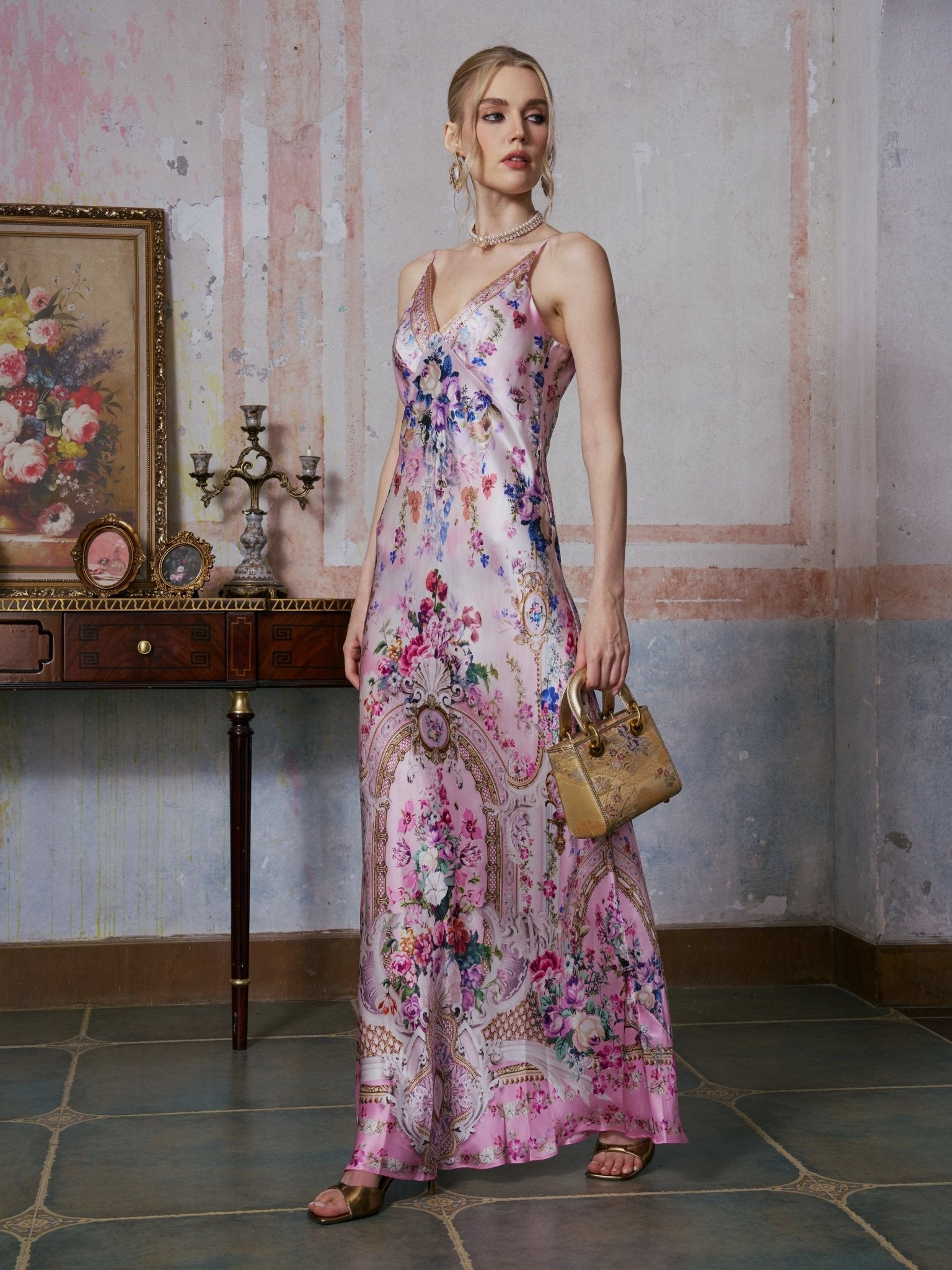 Baroque Print Mulberry Silk Dress - Social Queen