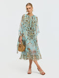Baroque Print Mulberry Silk Dress (Scarf Included) - Social Queen