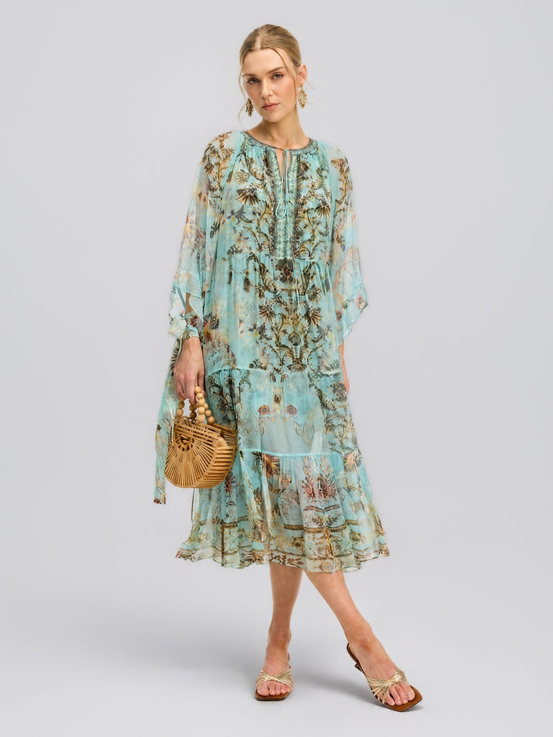 Baroque Print Mulberry Silk Dress (Scarf Included) - Social Queen