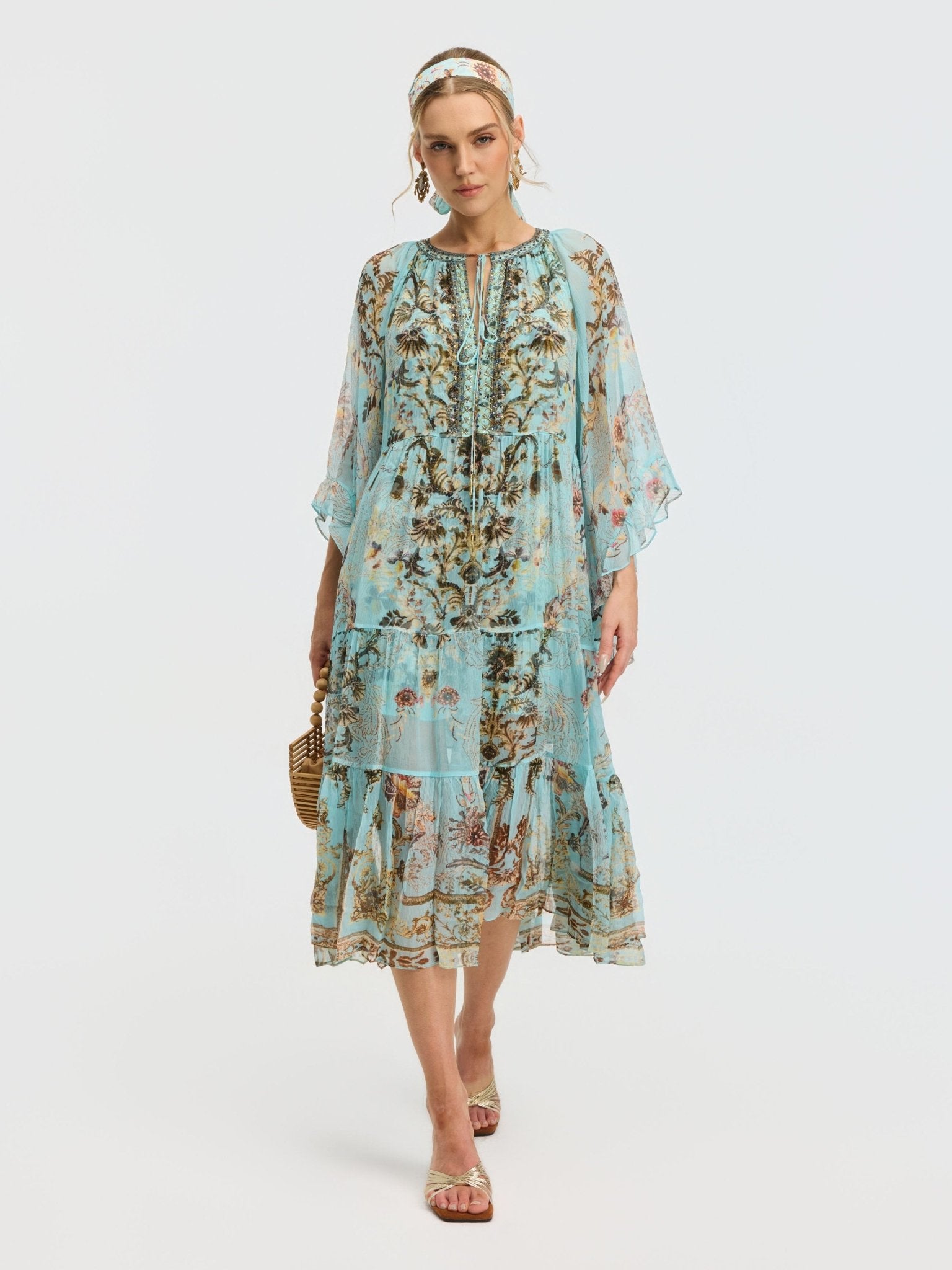 Baroque Print Mulberry Silk Dress (Scarf Included) - Social Queen
