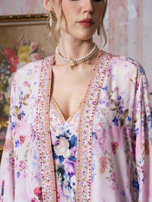 Baroque Print Mulberry Silk Robe with Scarf - Social Queen