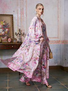 Baroque Print Mulberry Silk Robe with Scarf - Social Queen