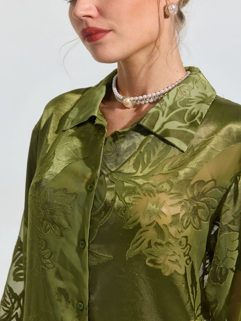 Beaded Botanical Burnout Satin Shirt - Social Queen