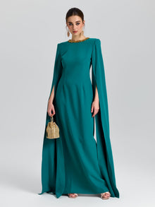 Beaded Cape Sleeve A-Line Gown - Social Queen
