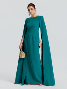 Beaded Cape Sleeve A-Line Gown - Social Queen