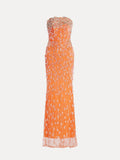 The Beaded Crystal Strapless Gown by Social Queen features a fitted, floor-length orange design adorned with silver and clear crystal beads and sequins.