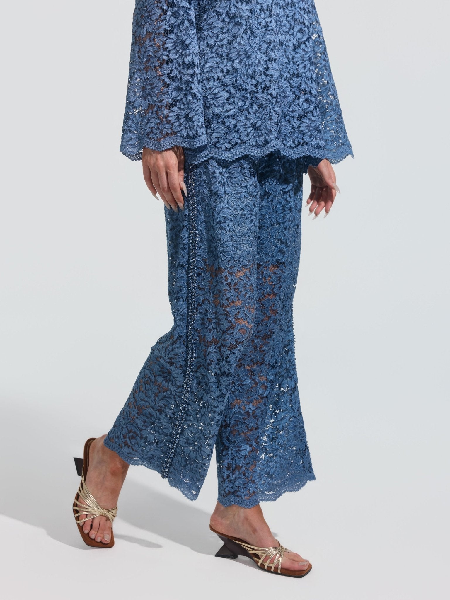 Beaded Cutwork Lace Wide-Leg Pants - Social Queen