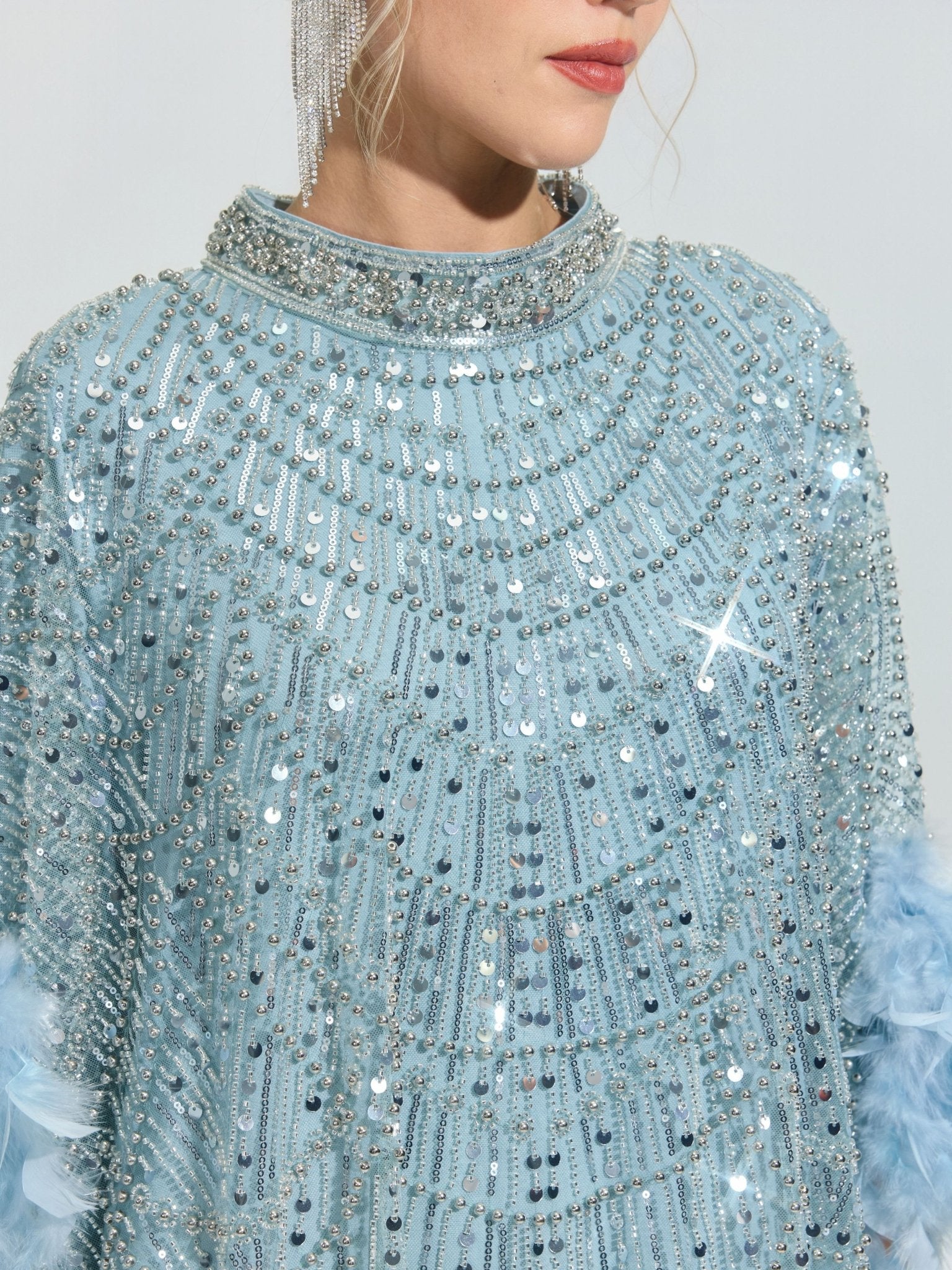 Beaded Embroidered Feather Trim Cape Gown - Social Queen