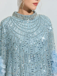 Beaded Embroidered Feather Trim Cape Gown - Social Queen