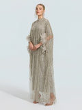 Beaded Embroidered Feather Trim Cape Gown - Social Queen