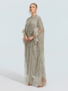 Beaded Embroidered Feather Trim Cape Gown - Social Queen