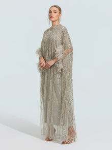 Beaded Embroidered Feather Trim Cape Gown - Social Queen