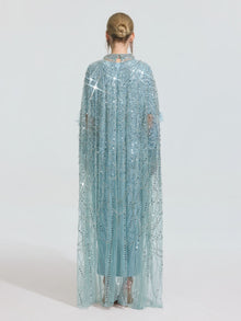 Beaded Embroidered Feather Trim Cape Gown - Social Queen