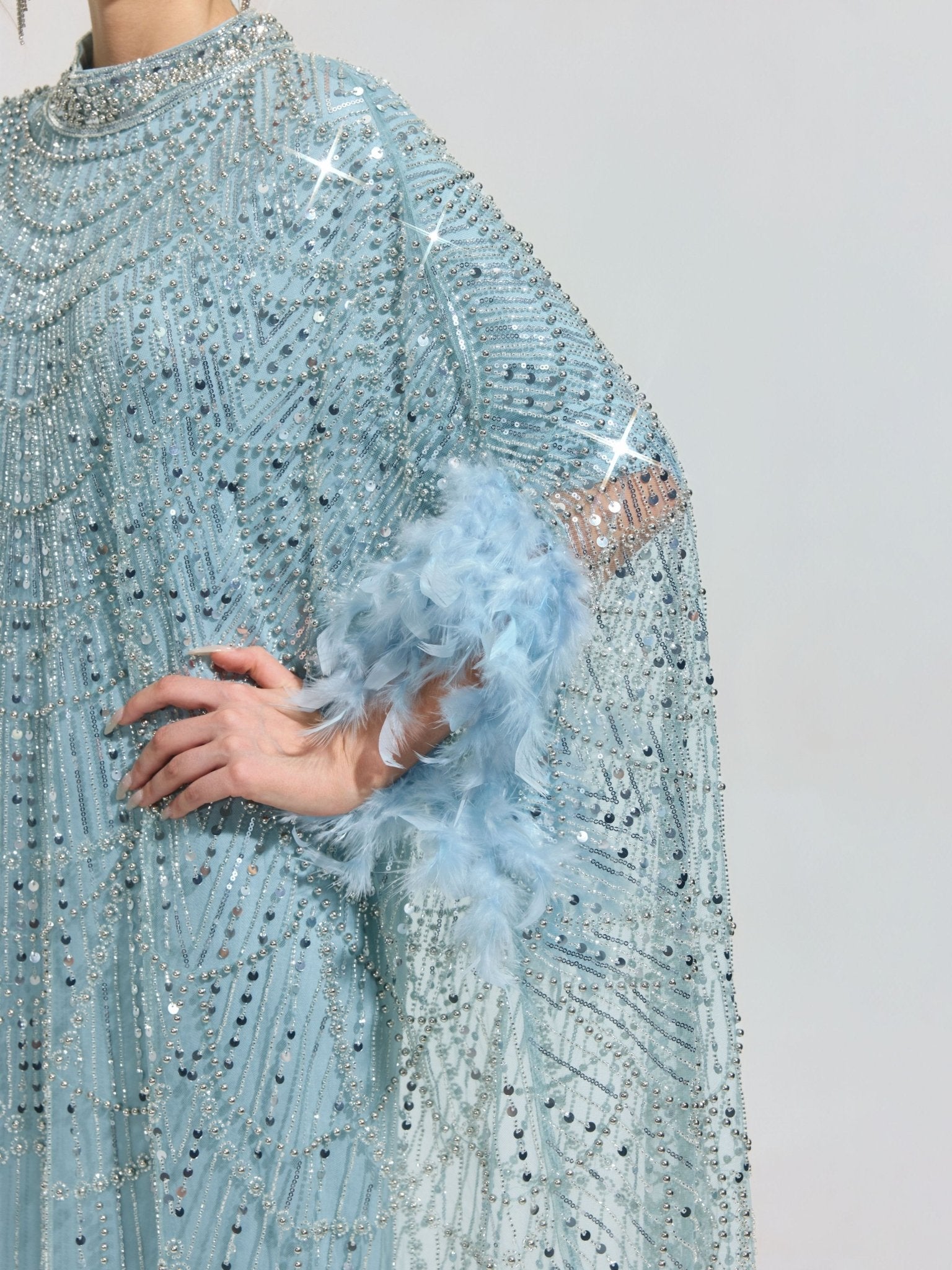 Beaded Embroidered Feather Trim Cape Gown - Social Queen