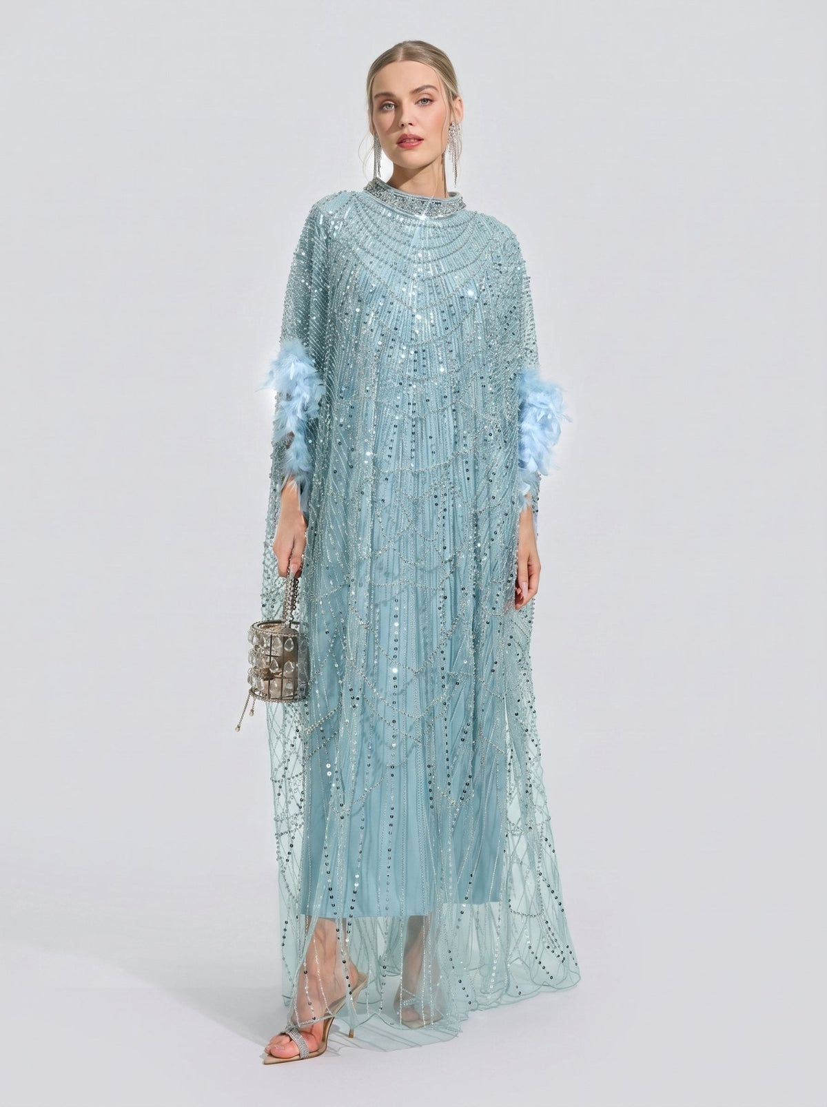 Beaded Embroidered Feather Trim Cape Gown - Social Queen