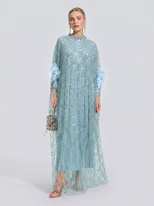 Beaded Embroidered Feather Trim Cape Gown - Social Queen