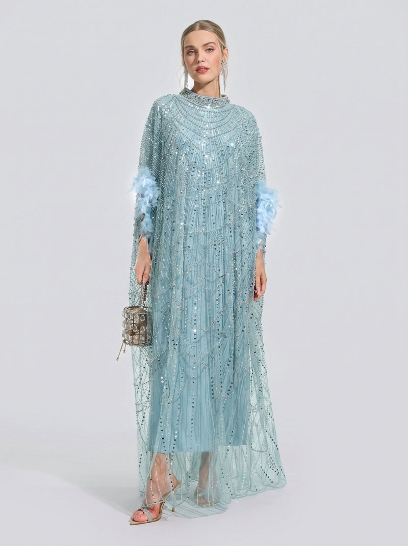 Beaded Embroidered Feather Trim Cape Gown - Social Queen