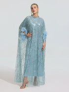 Beaded Embroidered Feather Trim Cape Gown - Social Queen