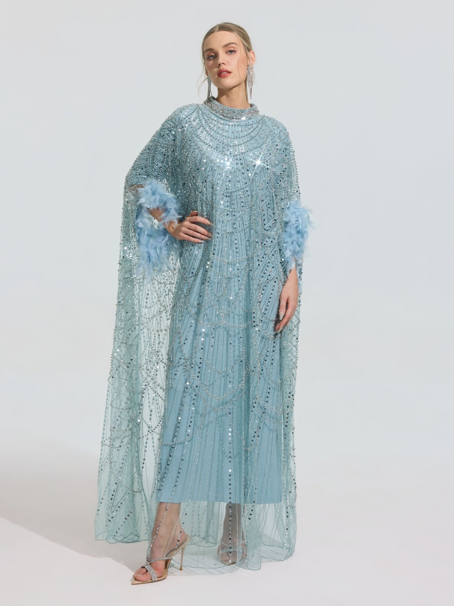 Beaded Embroidered Feather Trim Cape Gown - Social Queen
