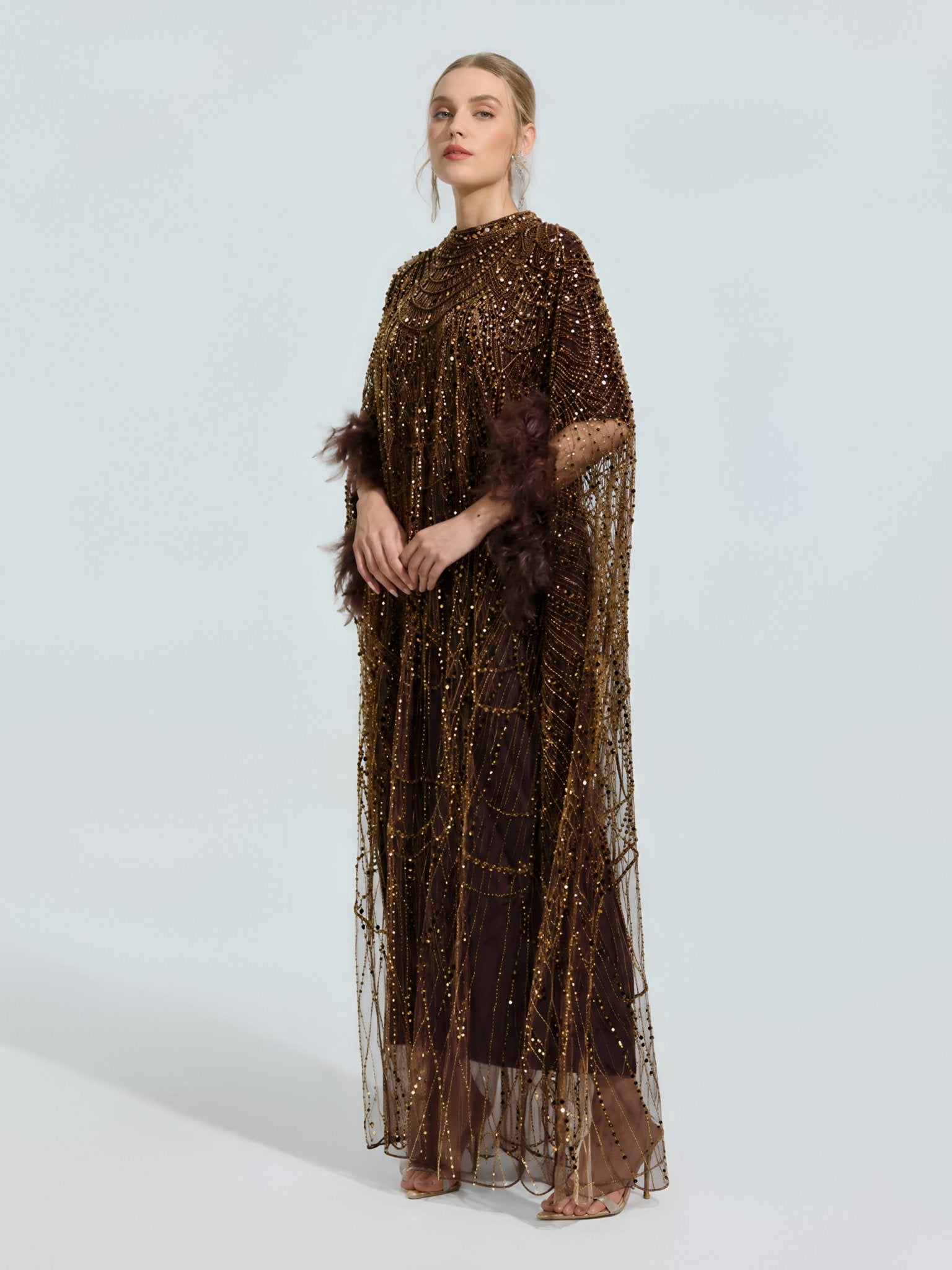 Beaded Embroidered Feather Trim Cape Gown - Social Queen
