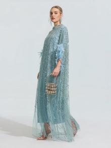 Beaded Embroidered Feather Trim Cape Gown - Social Queen