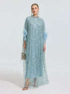 Beaded Embroidered Feather Trim Cape Gown - Social Queen