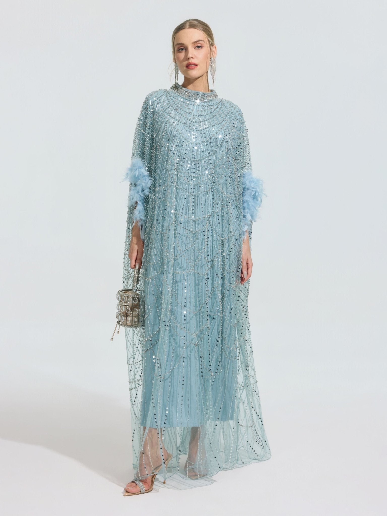 Beaded Embroidered Feather Trim Cape Gown - Social Queen