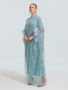 Beaded Embroidered Feather Trim Cape Gown - Social Queen