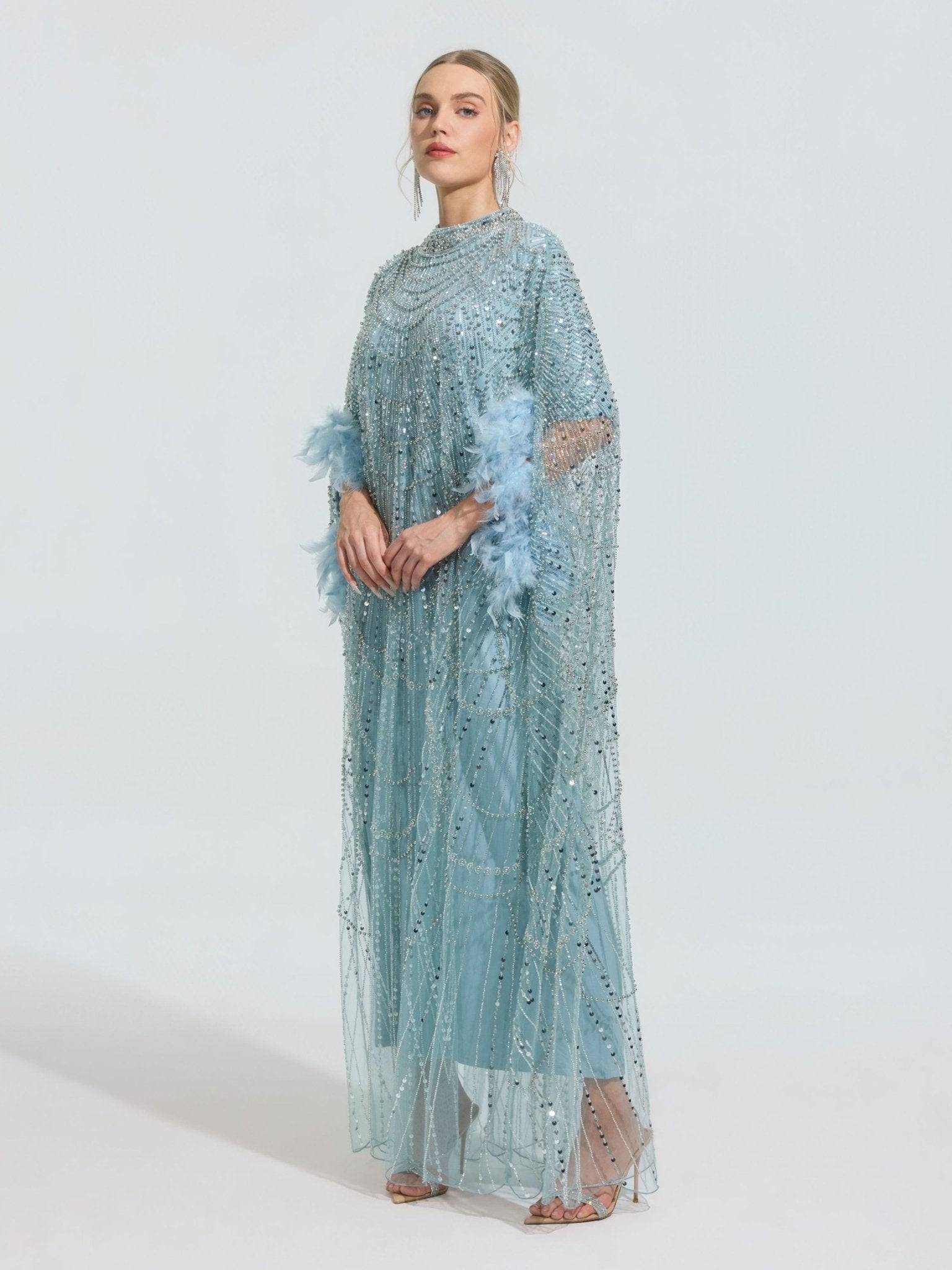 Beaded Embroidered Feather Trim Cape Gown - Social Queen
