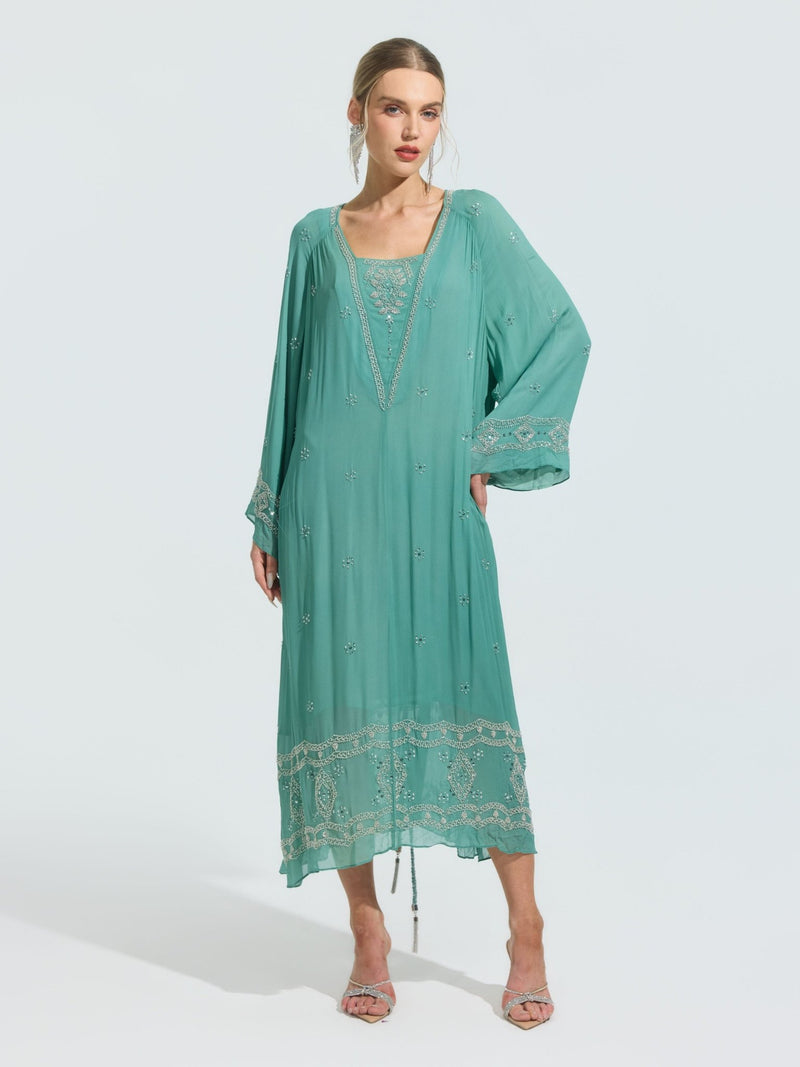 Beaded Embroidered Mulberry Silk Dress - Social Queen